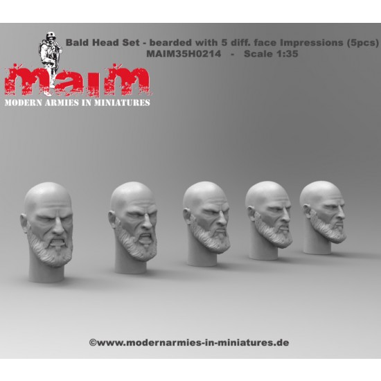 1/35 Bald Head Set - Bearded with 5 Different Face Impressions (5pcs, resin)