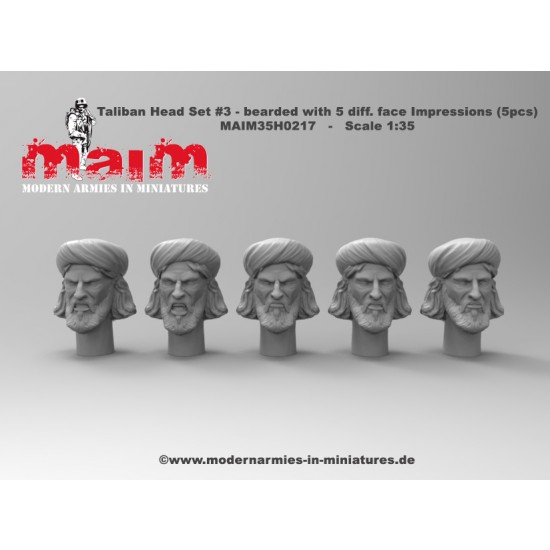 1/35 Taliban Head Set #3 - Bearded with 5 Different Face Impressions (resin)