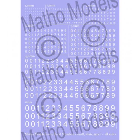 Decal Numbers #Small #White Type 1 for All Scales