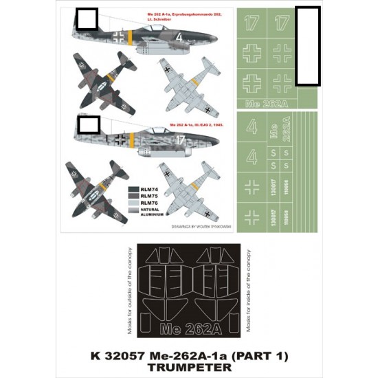 1/32 Me-262A-1a Paint Mask Vol.1 for Trumpeter (Canopy Masks + Insignia Masks)