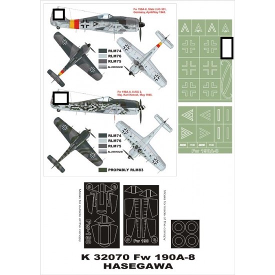 1/32 Focke-Wulf Fw 190A-8 Paint Mask Vol.1 for Hasegawa (Canopy Masks + Insignia Masks)