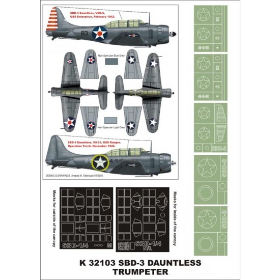 1/32 SBD-3 Dauntless Paint Mask for Trumpeter (Canopy Masks + Insignia Masks)