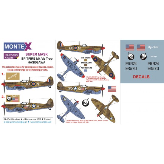 1/32 Spitfire MK Vb Trop Paint Mask for Hasegawa (Canopy Masks + Insignia Masks + Decals)