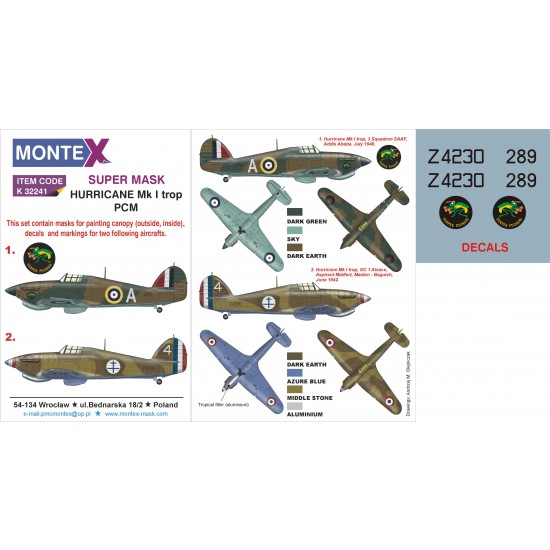 1/32 Hurricane Mk I trop Paint Mask & Decals for Pacific Coast Models