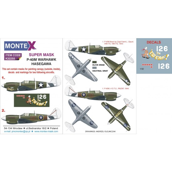 1/32 P-40M Warhawk Paint Mask for Hasegawa kit (Canopy Masks + Insignia Masks + Decals)