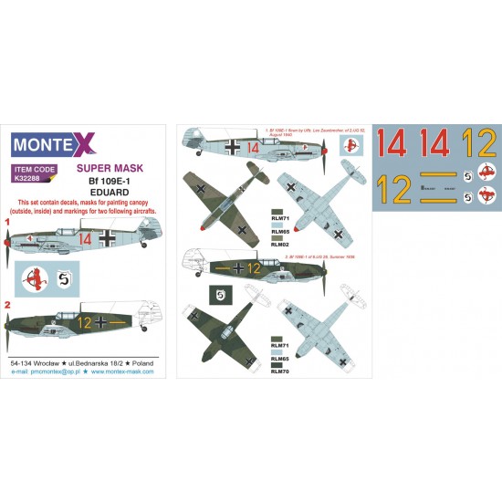1/32 Messerschmitt Bf 109E-1 Paint Mask for Eduard (Insignia&Canopy Masks + Decals)