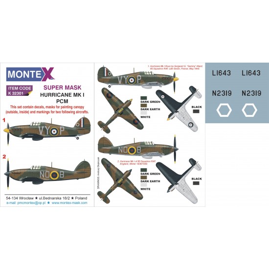 1/32 Hurricane Mk.I Paint Mask for PCM kit (Canopy Masks + Insignia Masks + Decals)