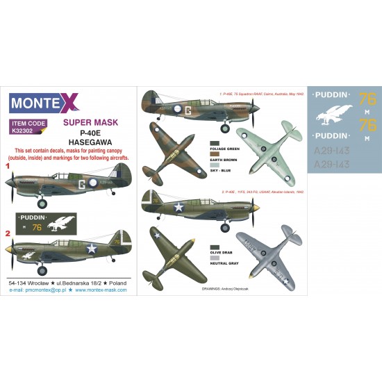 1/32 Curtiss P-40E Paint Mask for Hasegawa kit (Canopy Masks + Insignia Masks + Decals)