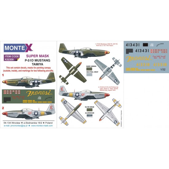 1/32 P-51D Mustang Paint Mask for Tamiya kit (Canopy Masks + Insignia Masks + Decals)