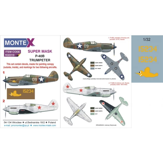 1/32 Curtiss P-40B Paint Mask for Trumpeter kit (Canopy Masks + Insignia Masks + Decals)