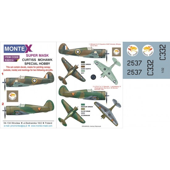 1/32 Curtiss Mohawk Paint Mask for Special Hobby (Canopy Masks + Insignia Masks + Decals)