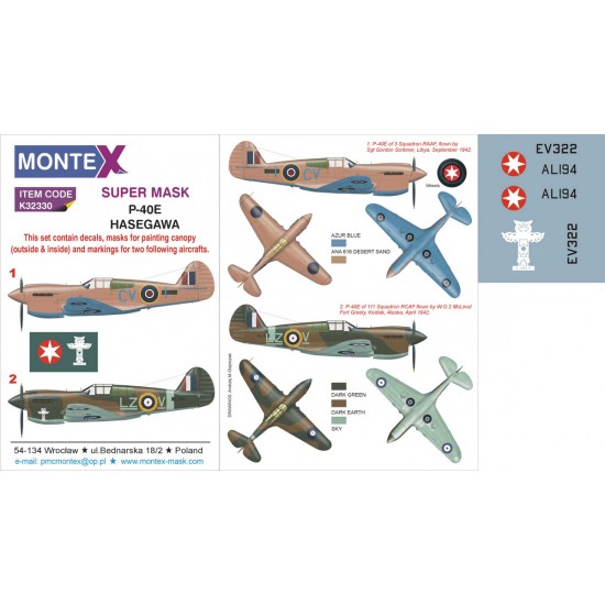 1/32 Curtiss P-40E Paint Mask for Hasegawa kit (Canopy Masks + Insignia Masks + Decals)