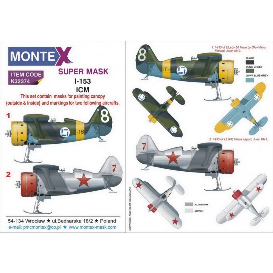 1/32 Polikarpov I-153 Paint Masks for ICM kits (2x canopy & 2x insignia masks)