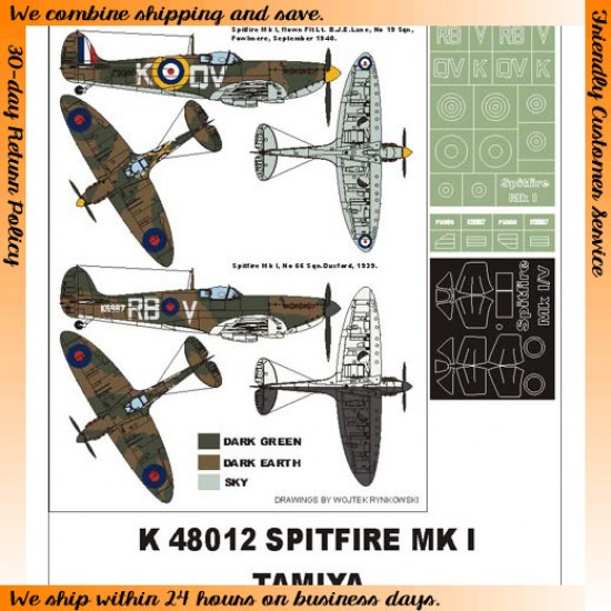 1/48 Supermarine Spitfire Mk I Paint Mask for Tamiya (Canopy Masks + Insignia Masks)