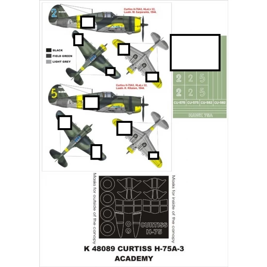 1/48 Curtiss H-75A-3 Paint Mask for Academy (Canopy Masks + Insignia Masks)