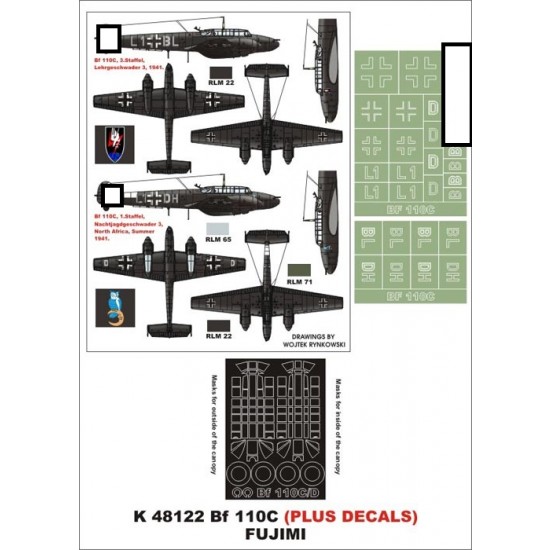 1/48 Bf 110C Paint Mask for Fujimi (Canopy Masks + Insignia Masks + Decals)