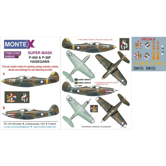 1/48 P-400 & P-39F Airacobra Paint Mask for Hasegawa(Canopy Masks +Insignia Mask +Decals)