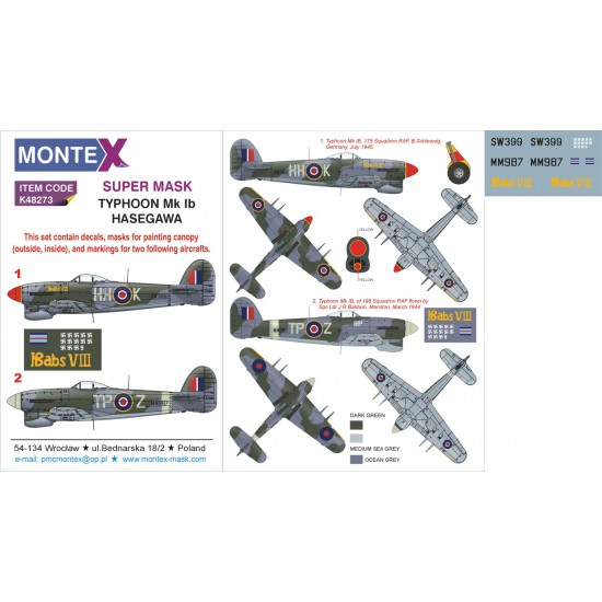 1/48 Hawker Typhoon Mk.Ib Paint Mask for Hasegawa (Canopy Masks +Insignia Masks +Decals)