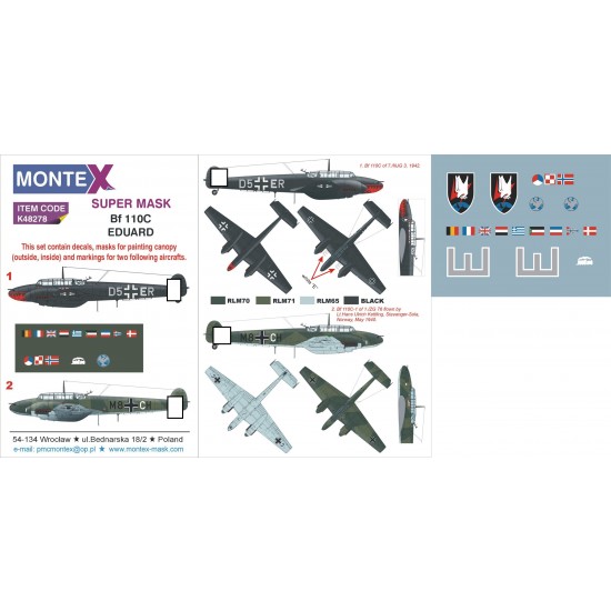 1/48 Messerschmitt Bf 110C Paint Mask for Eduard kit (Insignia & Canopy Masks + Decals)