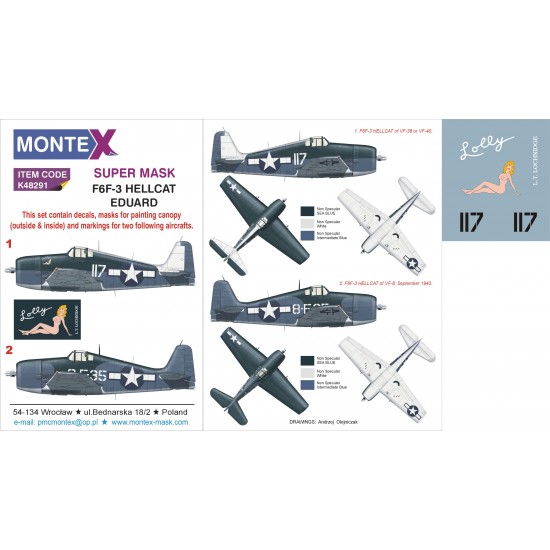 1/48 Grumman F6F-3 Hellcat Paint Mask for Eduard kit (Insignia & Canopy Masks + Decals)