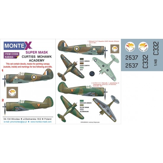 1/48 P-36 Mohawk Paint Mask for Academy kit (Canopy Masks + Insignia Mask + Decals)