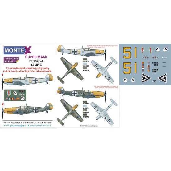 1/48 Bf 109E-4 Paint Mask for Tamiya kit (Canopy Masks + Insignia Mask + Decals)