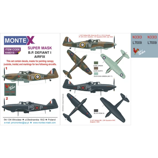 1/48 Defiant Mk.I Paint Mask No.1 for Airfix kit (Canopy Masks + Insignia Masks + Decals)