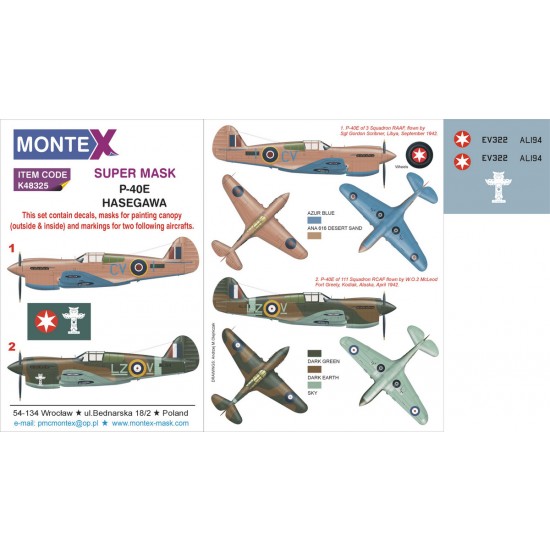 1/48 Curtiss P-40E Paint Mask for Hasegawa kit (Canopy Masks + Insignia Masks + Decals)