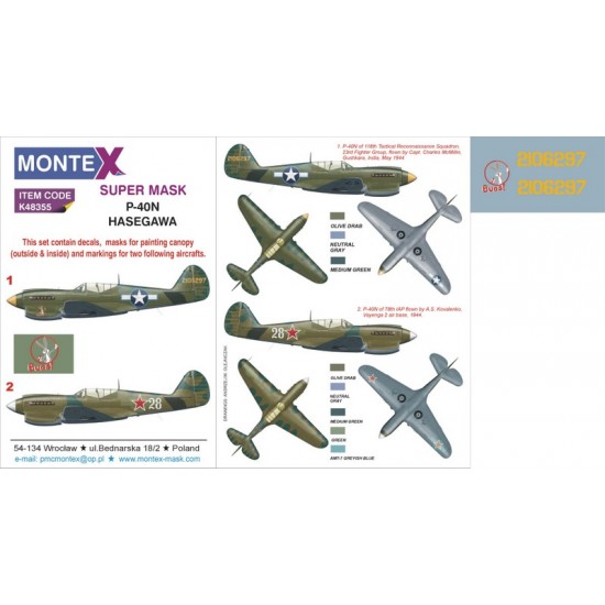 1/48 P-40N Paint Mask for Hasegawa kits (Insignia & Canopy Masks + Decals)