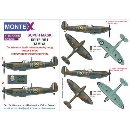 1/48 Supermarine Spitfire I Paint Masks for Tamiya (2x canopy & 2x insignia w/decals)