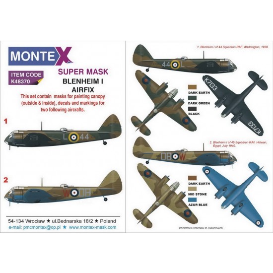 1/48 British Bristol Blenheim I Paint Masks for Airfix (2x canopy & 2x insignia w/decals)