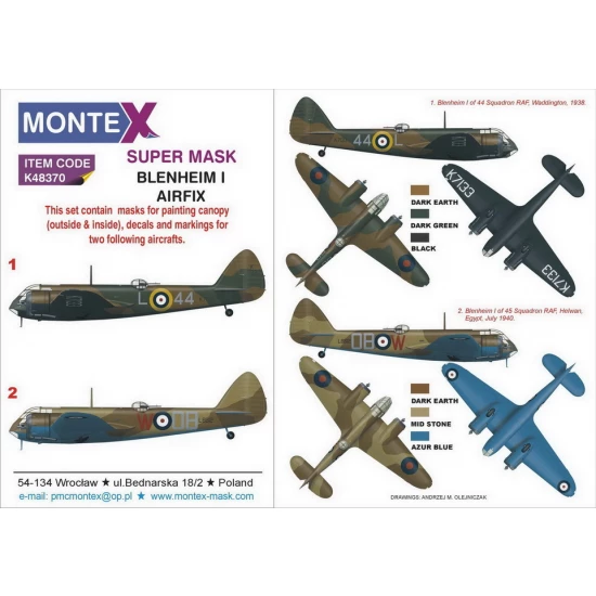 1/48 British Bristol Blenheim I Paint Masks for Airfix (2x canopy & 2x insignia w/decals)