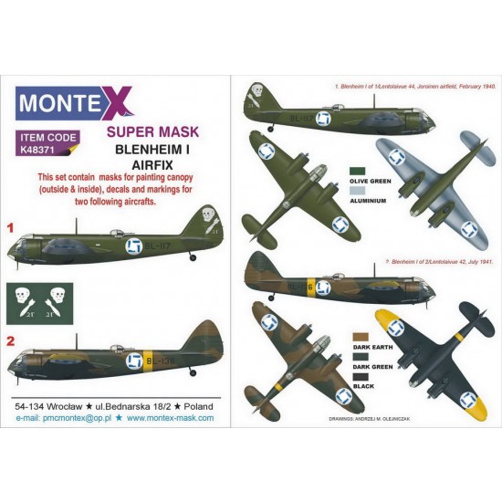 1/48 Finnish Bristol Blenheim I Paint Masks for Airfix (2x canopy & 1x insignia w/decals)