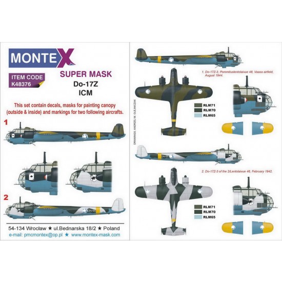 1/48 Dornier Do-17Z Paint Masks for ICM kits (2x canopy & 1x insignia masks w/decals)