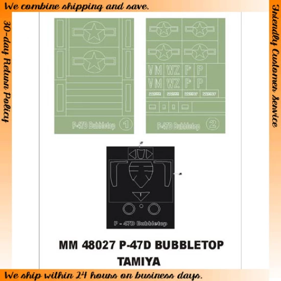 1/48 P-47D Bubbletop Thunderbolt Paint Mask for Tamiya kit (Canopy Masks + Insignia Masks)