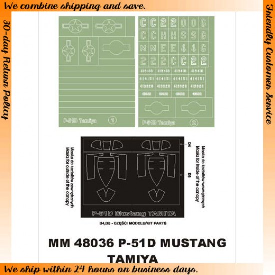 1/48 North American P-51D Mustang Paint Mask for Tamiya kit (Canopy Masks+Insignia Masks)