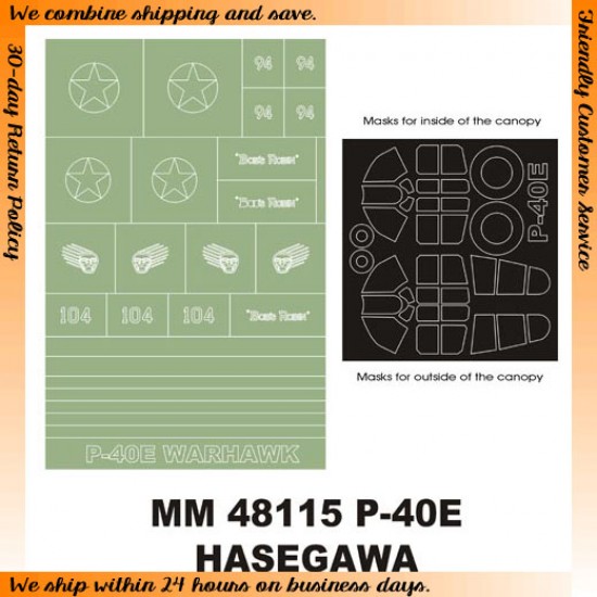 1/48 Curtiss P-40E Warhawk Paint Mask for Hasegawa kit (Canopy Masks + Insignia Masks)