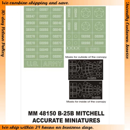 1/48 B-25B Mitchell Paint Mask for Accurate Miniatures kit (Canopy Masks + Insignia Masks)