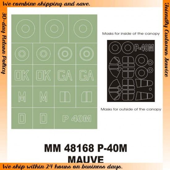 1/48 Curtiss P-40M Warhawk Paint Mask for Mauve kit (Canopy Masks + Insignia Masks)