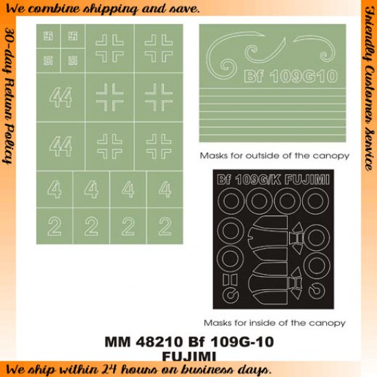1/48 Messerschmitt Bf 109G-10 Paint Mask for Fujimi kit (Canopy Masks + Insignia Masks)