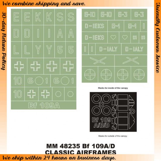 1/48 Messerschmitt Bf 109A/D Paint Mask for Classic Airframes (Canopy Mask+Insignia Mask)