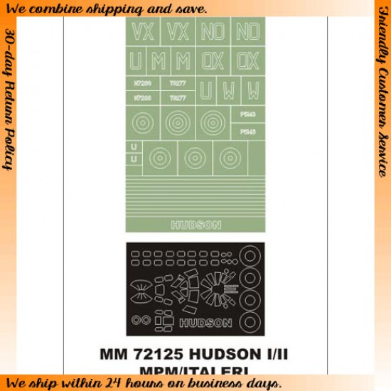 1/72 Lockheed Hudson Mk.I/II Paint Mask for MPM kit (Canopy Masks + Insignia Masks)