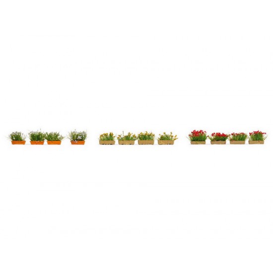 HO Scale Flower Boxes (4x red, 4x yellow, 4x white)