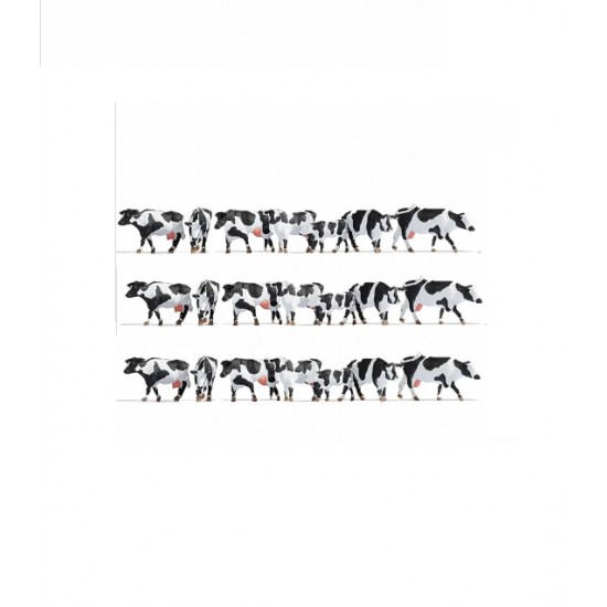 HO Scale Figures xL Set - Black and White Cows (21 assembled painted figures)