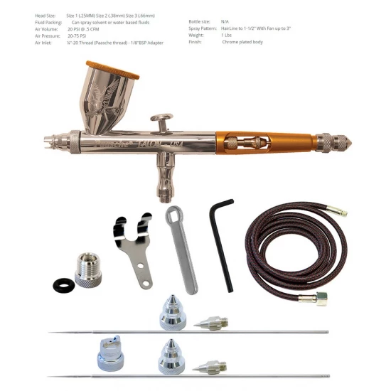 Double Action Internal Mix Gravity Feed Airbrush w/0.25, 0.38 & 0.66mm Heads 