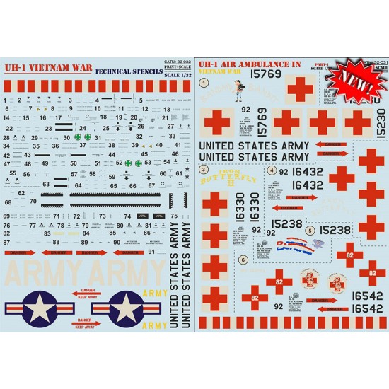 Decals for 1/32 Bell UH-1 Iroquois Air Ambulance in Vietnam War & Technical Stencils