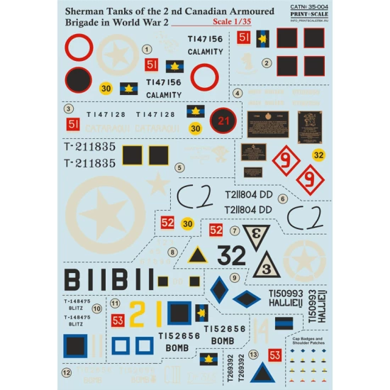 1/35 Wet Decals - WWII Sherman Tanks of The Second Canadian Armoured Brigade
