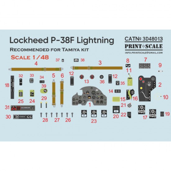 1/48 Lockheed P-38F Lightning Instrumental Panel and Cockpit 3D Decal for Tamiya kit