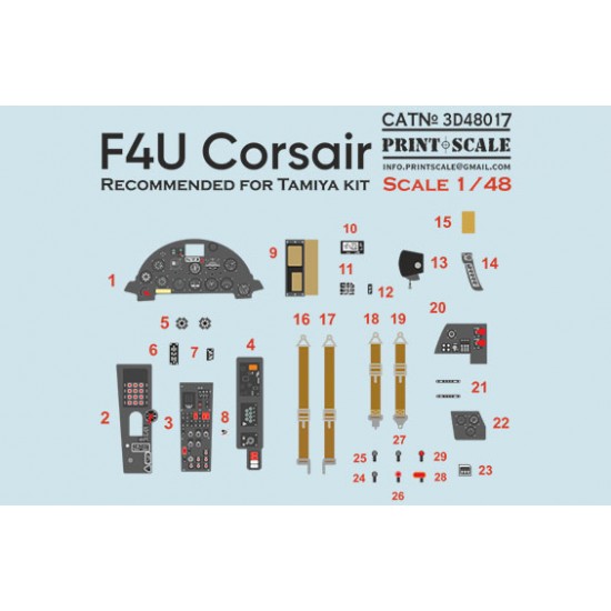1/48 F-4U Corsair Instrument Panel and Seatbelt 3D Decal for Tamiya kits 