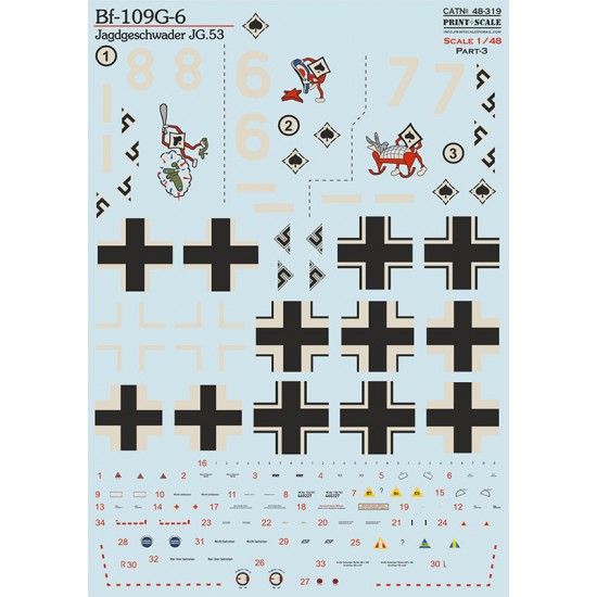 1/48 Messerschmitt Bf-109G-6. Jagdgeschwader JG.53 Decal Part 3